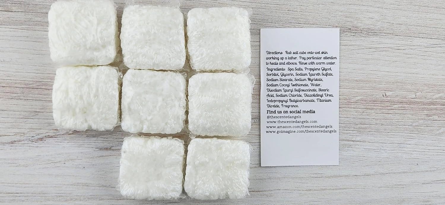 TSA Handmade Body Wash Exfoliating Salt Scrub Cubes, Vanilla Almond Fragrance, Spa, Skin Care, Moisturizer, Sensitive Dry Skin, Women, Teens, Men, Gift for Her, 8 cubes