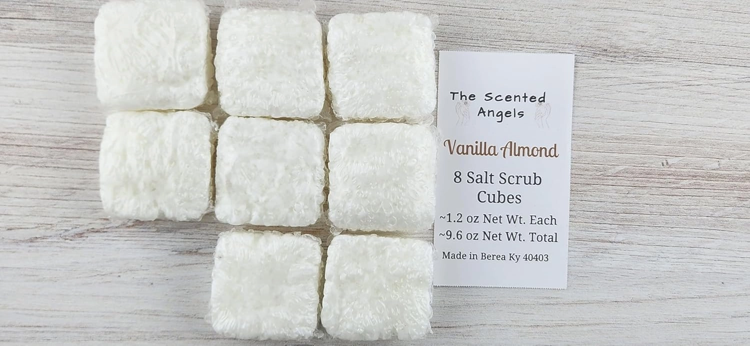 TSA Handmade Body Wash Exfoliating Salt Scrub Cubes, Vanilla Almond Fragrance, Spa, Skin Care, Moisturizer, Sensitive Dry Skin, Women, Teens, Men, Gift for Her, 8 cubes