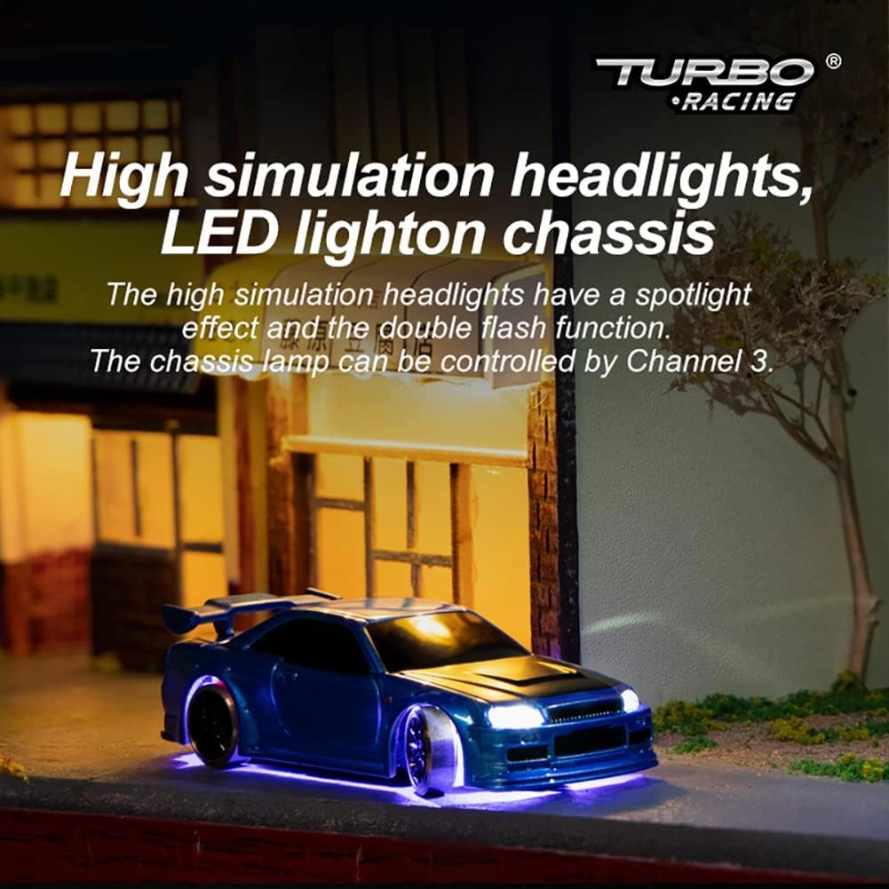Turbo Racing 1:76 Scale Drift RC Car with Gyro Mini Full Proportional RTR 2.4GHZ Remote Control with 2 Replaceable Body Shell (C64-Blue)