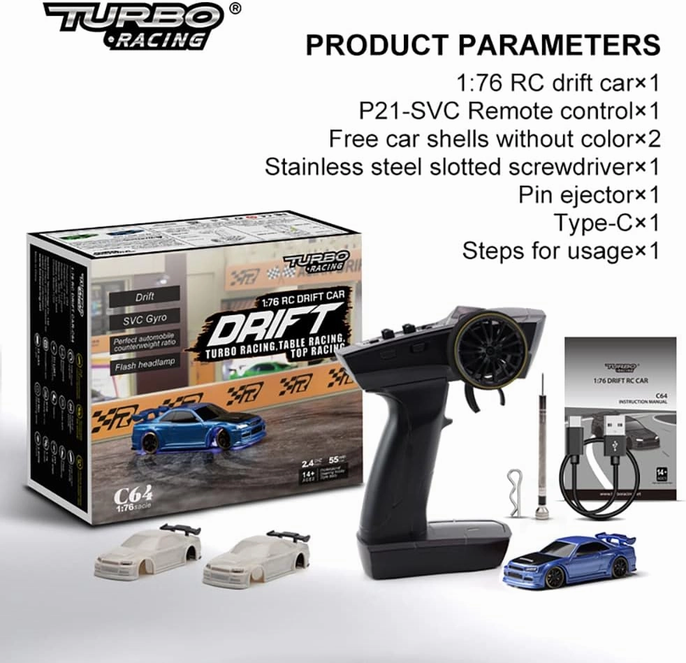 Turbo Racing 1:76 Scale Drift RC Car with Gyro Mini Full Proportional RTR 2.4GHZ Remote Control with 2 Replaceable Body Shell (C64-Blue)