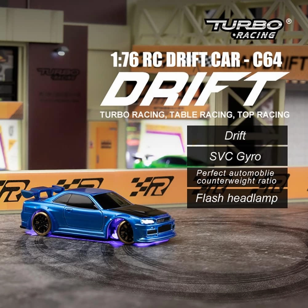 Turbo Racing 1:76 Scale Drift RC Car with Gyro Mini Full Proportional RTR 2.4GHZ Remote Control with 2 Replaceable Body Shell (C64-Blue)