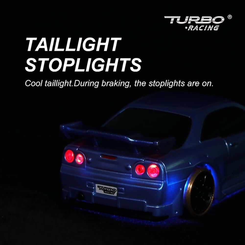 Turbo Racing 1:76 Scale Drift RC Car with Gyro Mini Full Proportional RTR 2.4GHZ Remote Control with 2 Replaceable Body Shell (C64-Blue)