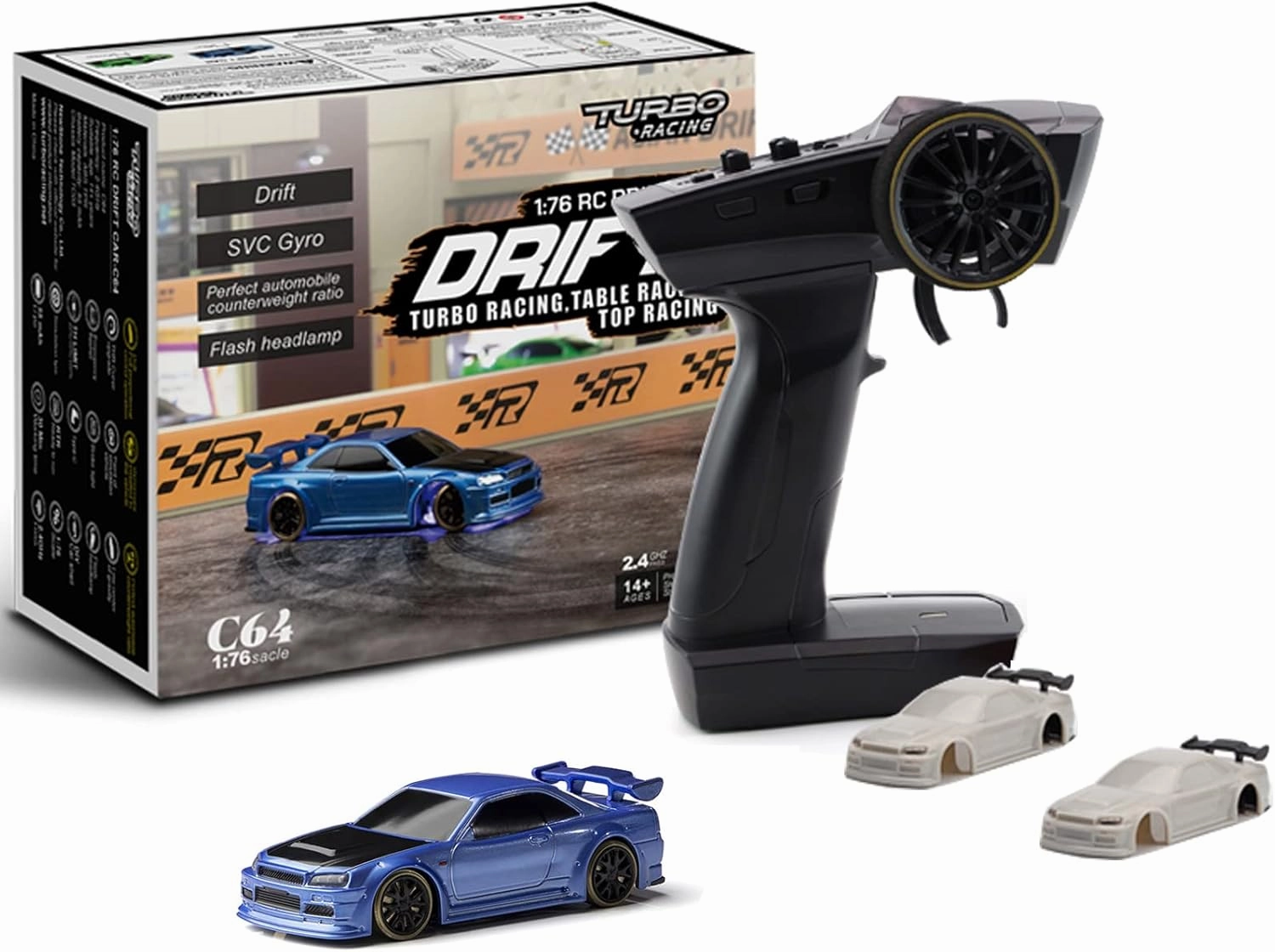Turbo Racing 1:76 Scale Drift RC Car with Gyro Mini Full Proportional RTR 2.4GHZ Remote Control with 2 Replaceable Body Shell (C64-Blue)