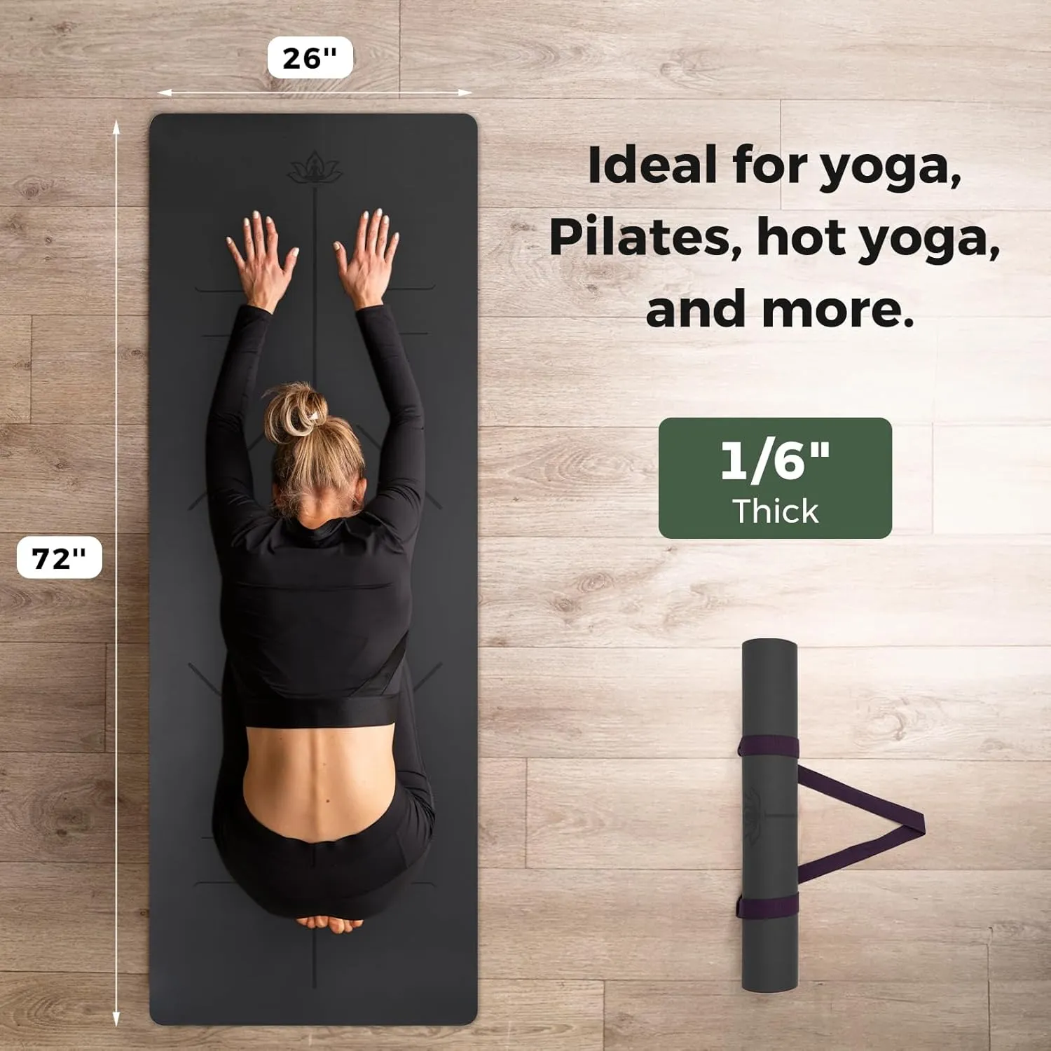 U&M Yoga Mat Non-Slip, Exercise Mat with Carrying Strap for Home Yoga,Pilates & Meditation Stretching, Floor & Fitness Workouts, 72"x26" x1/6" Thick Fitness Mats Non-Slip Natural Rubber Base & PU Top