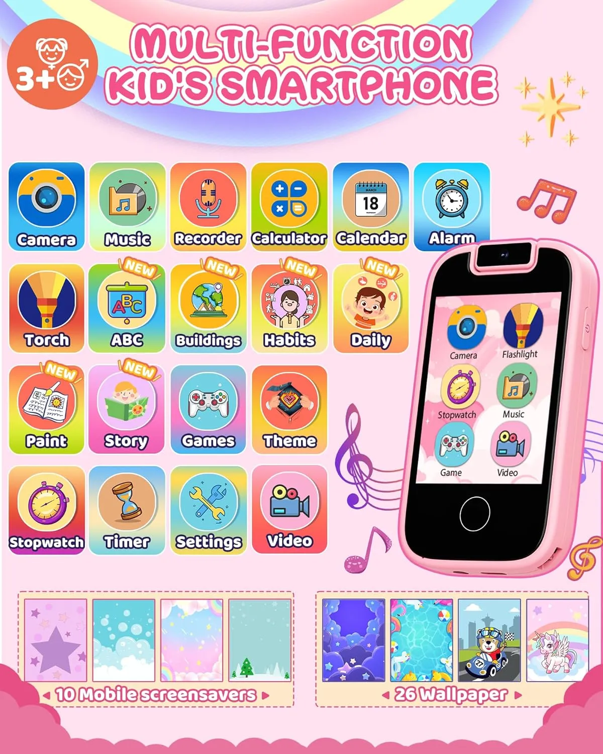 UCIDCI Kids Smartphone Toys Unicorns Gifts for Girls Ages 3-7, Touchscreen Fake Phone Music Player with 180° Rotatable Camera, Pretend Play Learning Toy Birthday for 3 4 5 6 7 8 Girls