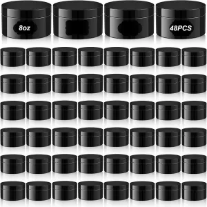 Uiifan 48 Pcs 8 oz Plastic Cosmetic Jars with Lids and Labels Empty Refillable Cosmetic Leak Proof Containers Lotion Jars for Cream Body Butters Powder Ointment Lip Scrub (Black)