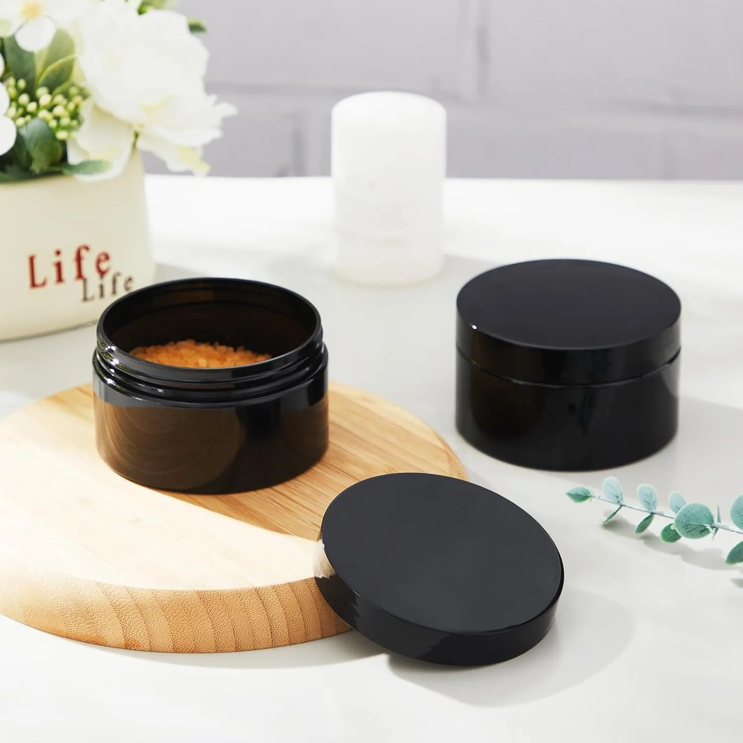 Uiifan 48 Pcs 8 oz Plastic Cosmetic Jars with Lids and Labels Empty Refillable Cosmetic Leak Proof Containers Lotion Jars for Cream Body Butters Powder Ointment Lip Scrub (Black)