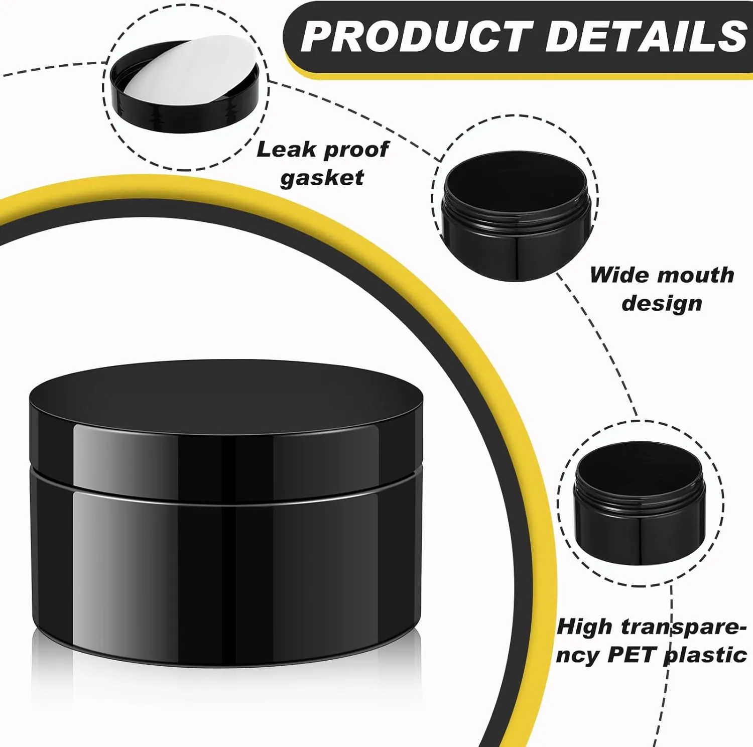 Uiifan 48 Pcs 8 oz Plastic Cosmetic Jars with Lids and Labels Empty Refillable Cosmetic Leak Proof Containers Lotion Jars for Cream Body Butters Powder Ointment Lip Scrub (Black)
