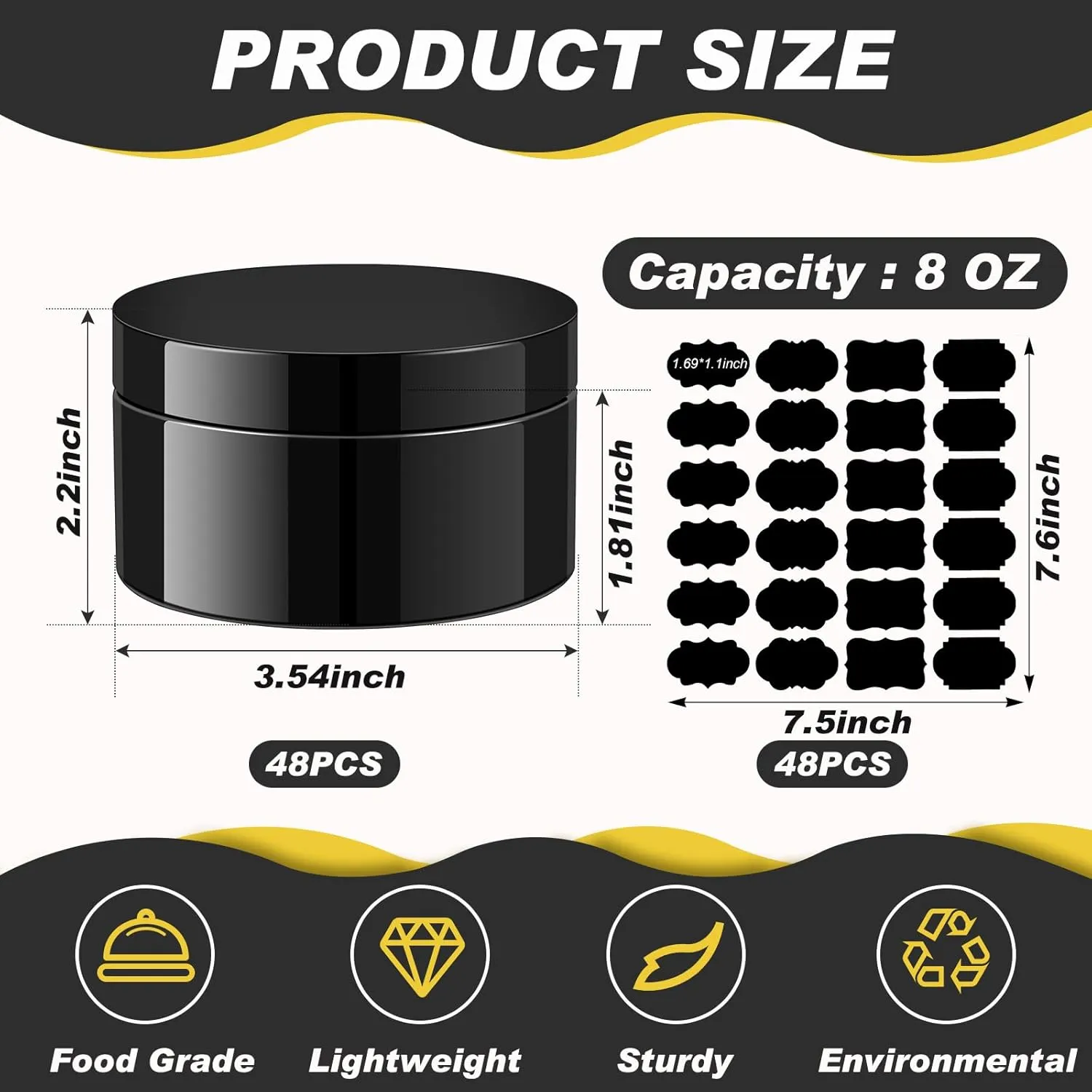 Uiifan 48 Pcs 8 oz Plastic Cosmetic Jars with Lids and Labels Empty Refillable Cosmetic Leak Proof Containers Lotion Jars for Cream Body Butters Powder Ointment Lip Scrub (Black)