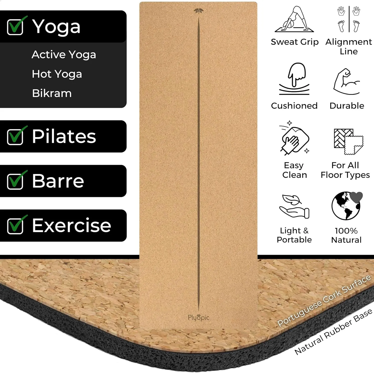 Ultimate Cork Yoga Mat – Non-Slip Ultra-Premium Cork | Thicker, Longer & Wider for Extra Comfort | 100% Natural Grip & Eco Friendly | Optional Alignment Lines | For Yoga, Bikram & Hot Yoga