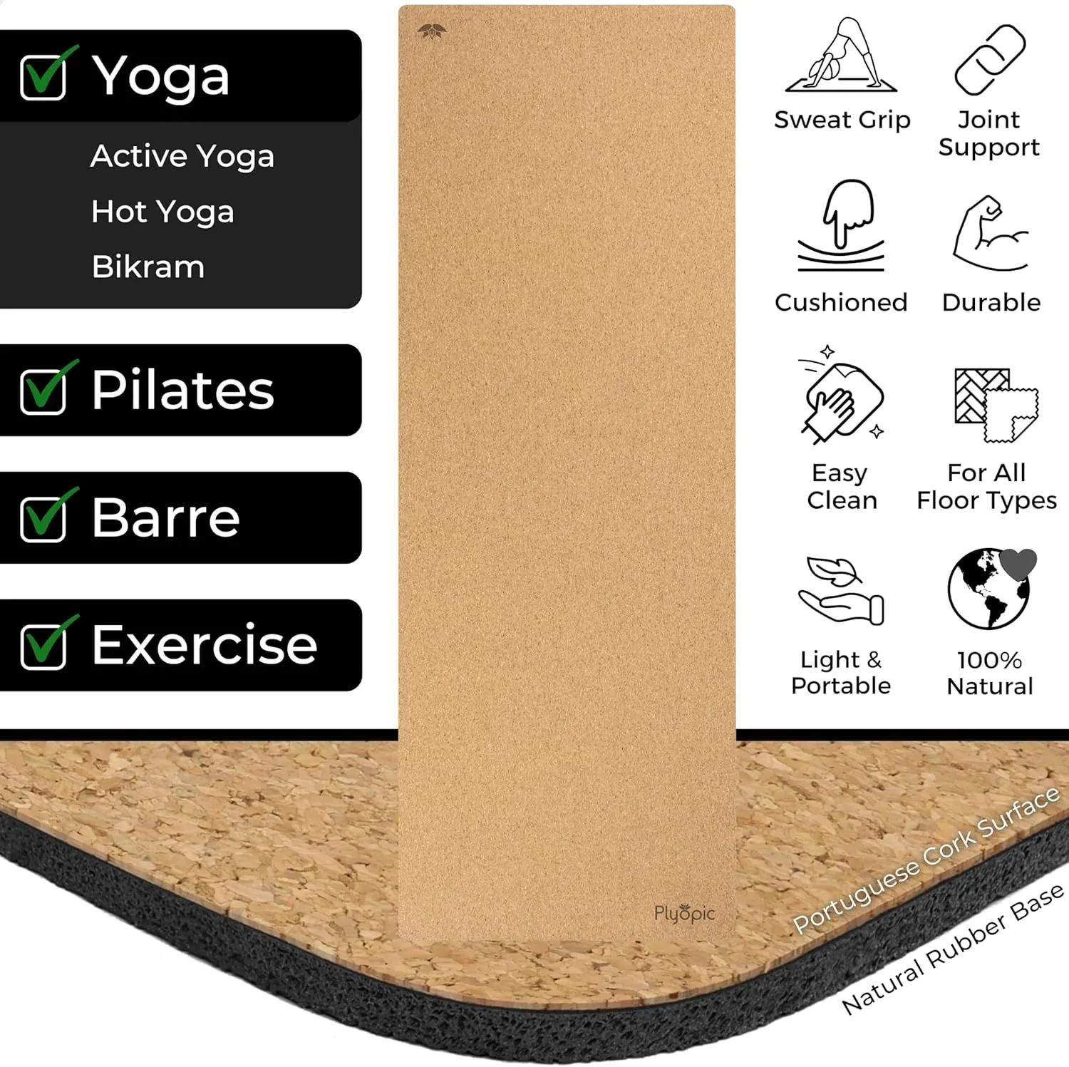 Ultimate Cork Yoga Mat – Non-Slip Ultra-Premium Cork | Thicker, Longer & Wider for Extra Comfort | 100% Natural Grip & Eco Friendly | Optional Alignment Lines | For Yoga, Bikram & Hot Yoga