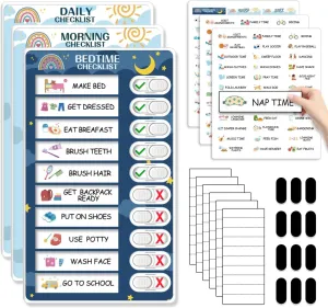 Upgraded Slider 3 in 1 Bedtime/Morning/Daily Routine Chart for Kids, Magnetic Chore Chart for Kids, Visual Schedule for Kids Toddlers Schedule Board for Home