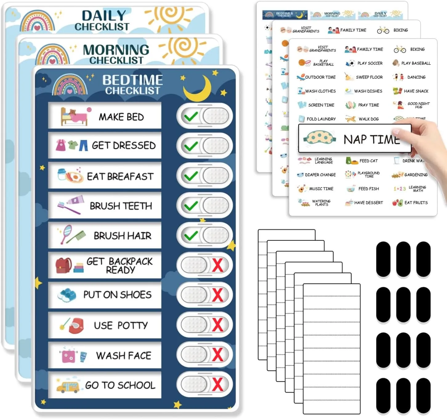 Upgraded Slider 3 in 1 Bedtime/Morning/Daily Routine Chart for Kids, Magnetic Chore Chart for Kids, Visual Schedule for Kids Toddlers Schedule Board for Home