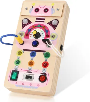 Upltowtme Montessori Busy Board for Toddlers Pink Robot LED Light Wooden Montessori Sensory Toys for Girls Travel Early Activity Educational Toys Birthday Gift for Kid