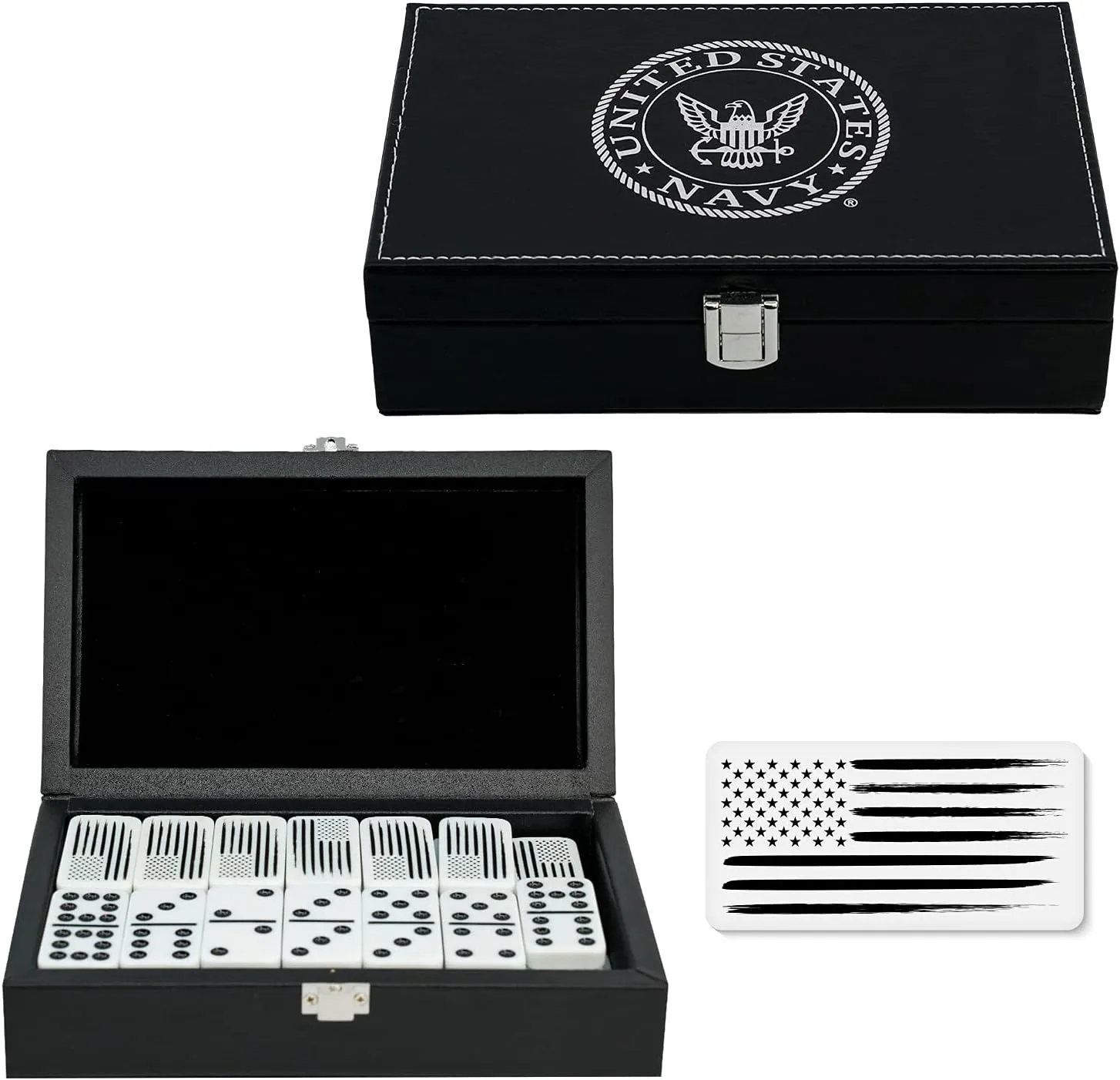 US Navy Double Nine Dominoes Set in Leather Box for Families and Kids Ages 8 and up - Play Chicken Foot, Mexican Train - Veteran Owned Business