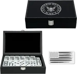 US Navy Double Nine Dominoes Set in Leather Box for Families and Kids Ages 8 and up - Play Chicken Foot, Mexican Train - Veteran Owned Business