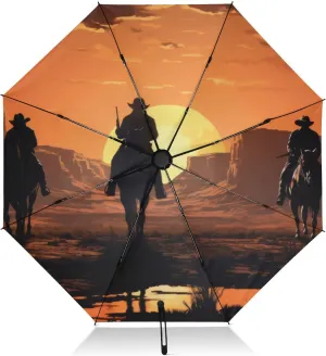 UV Protection Travel Umbrella Cowboys Horseback Silhouetted Compact for Rain and Sun - One-Click Automatic Open and Close UPF 50  Windproof Portable 46” Sun Umbrella for Women Men