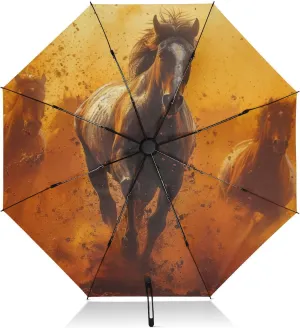 UV Protection Travel Umbrella Horses Running Desert Compact for Rain and Sun - One-Click Automatic Open and Close UPF 50  Windproof Portable 46” Sun Umbrella for Women Men
