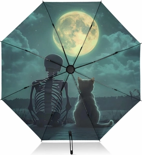 UV Protection Travel Umbrella Skeleton Cat Watch Moon Compact for Rain and Sun - Auto Open and Close UPF 50  Windproof Portable 46” Sun Umbrella for Women and Men