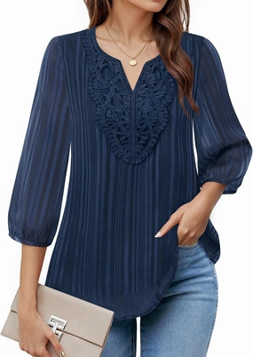 VALOLIA Women's Casual 3/4 Sleeve Chiffon Blouses V Neck Layered Embroidery Tunic Shirts