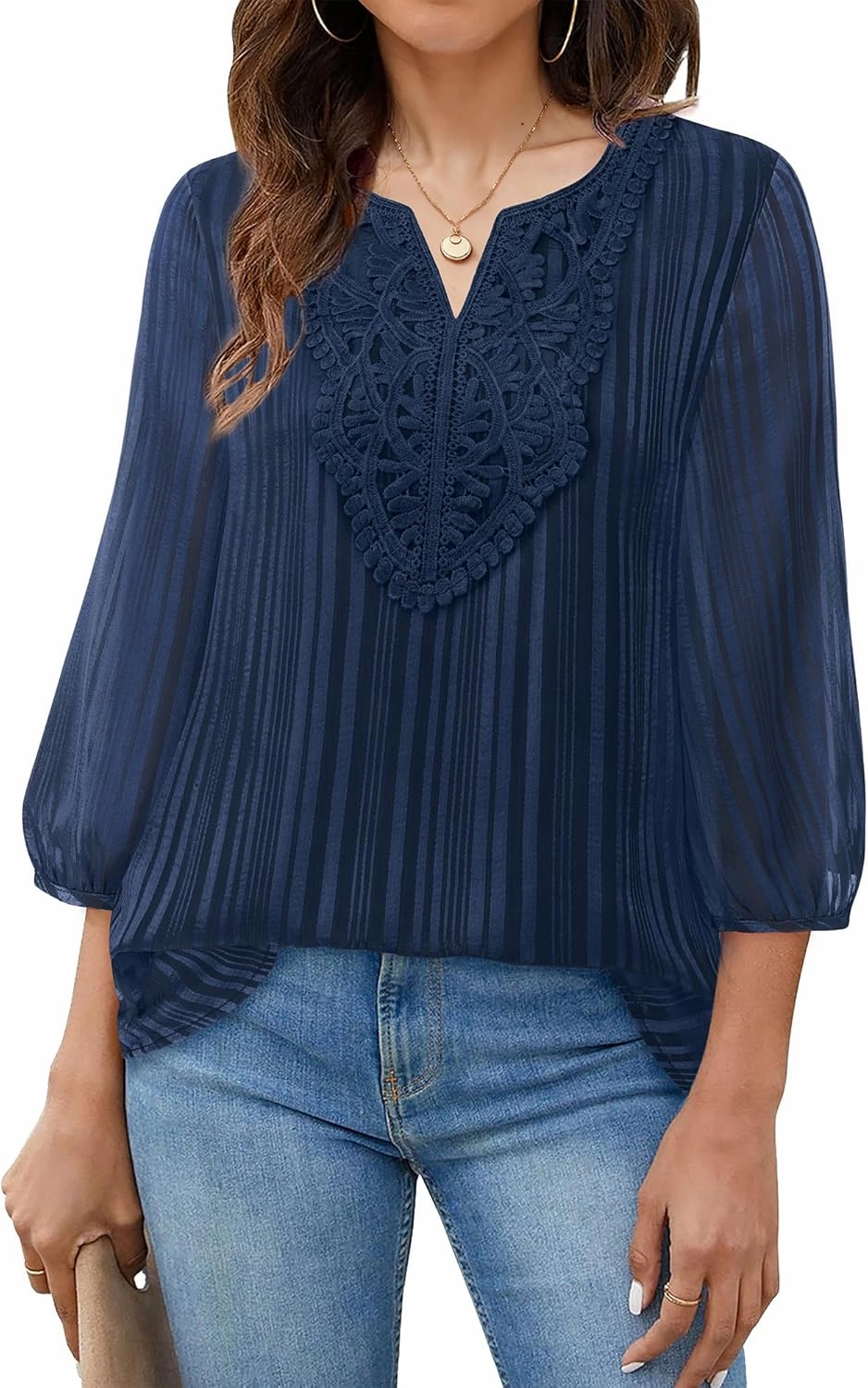 VALOLIA Women's Casual 3/4 Sleeve Chiffon Blouses V Neck Layered Embroidery Tunic Shirts