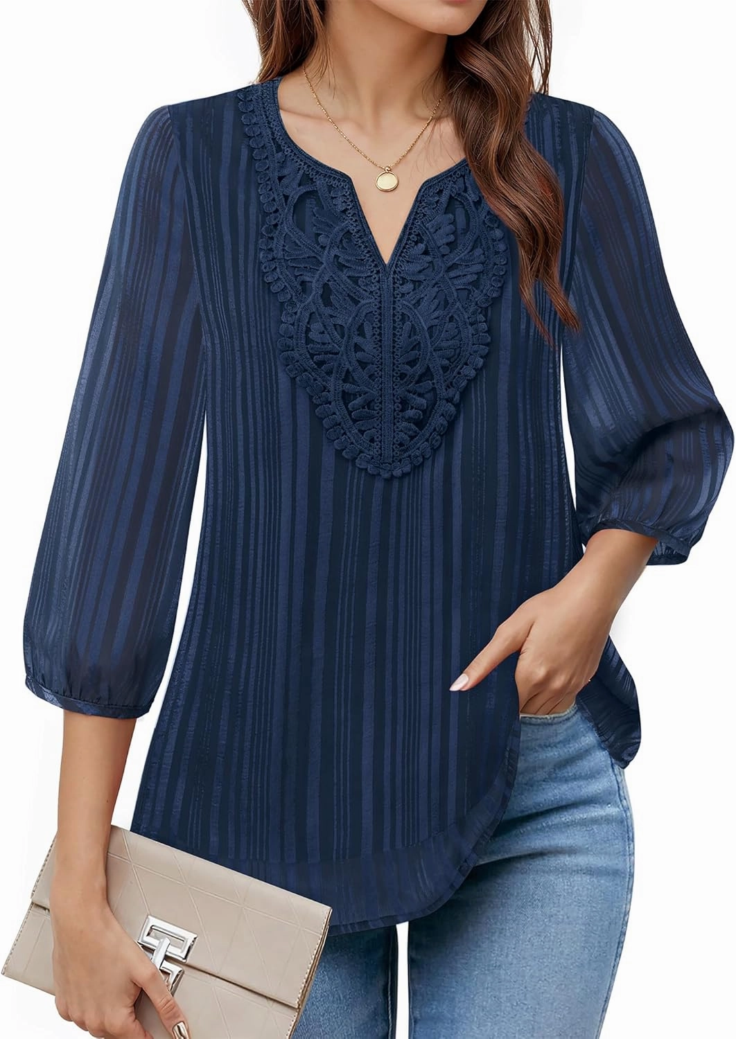 VALOLIA Women's Casual 3/4 Sleeve Chiffon Blouses V Neck Layered Embroidery Tunic Shirts