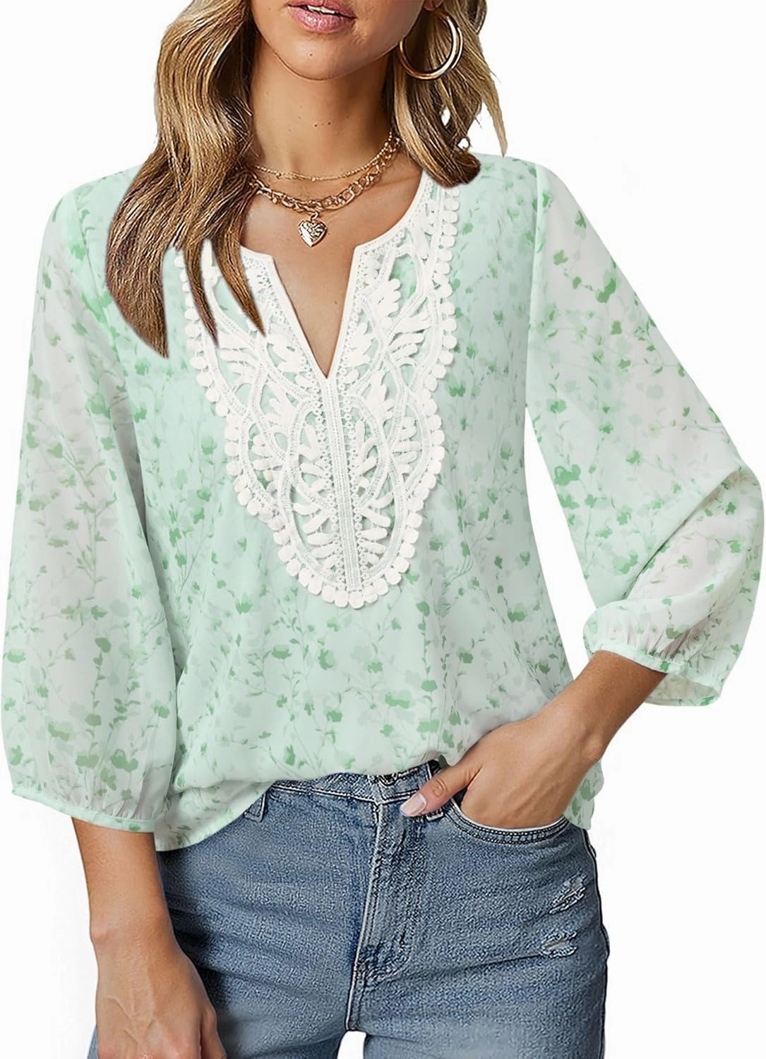 VALOLIA Women's Casual 3/4 Sleeve Chiffon Blouses V Neck Layered Embroidery Tunic Shirts