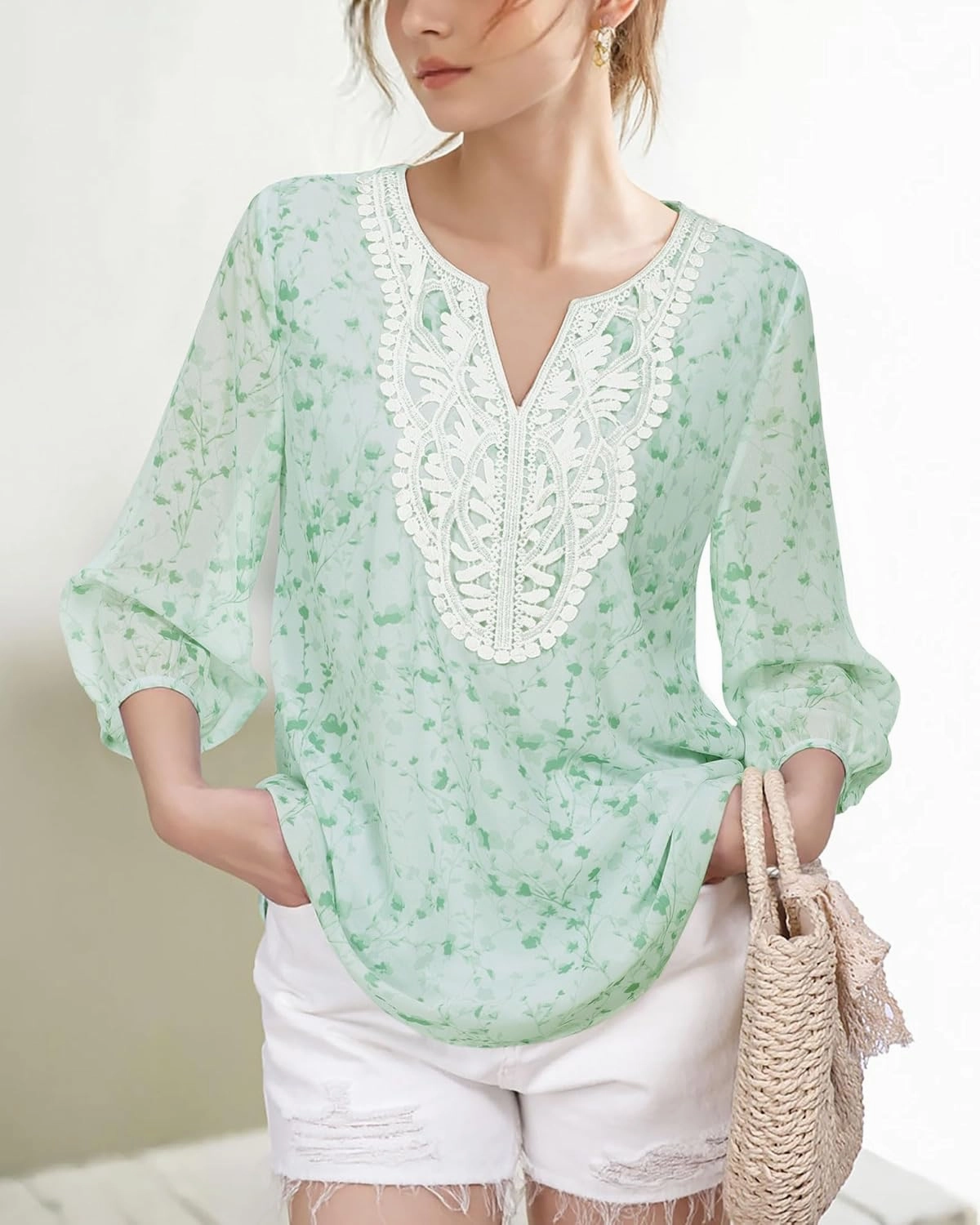 VALOLIA Women's Casual 3/4 Sleeve Chiffon Blouses V Neck Layered Embroidery Tunic Shirts