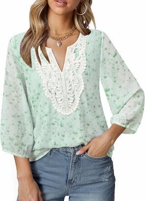 VALOLIA Women's Casual 3/4 Sleeve Chiffon Blouses V Neck Layered Embroidery Tunic Shirts