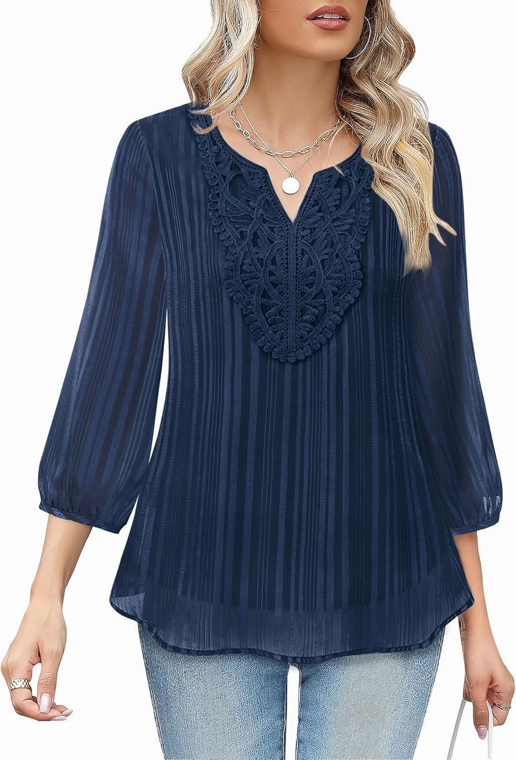VALOLIA Women's Casual 3/4 Sleeve Chiffon Blouses V Neck Layered Embroidery Tunic Shirts