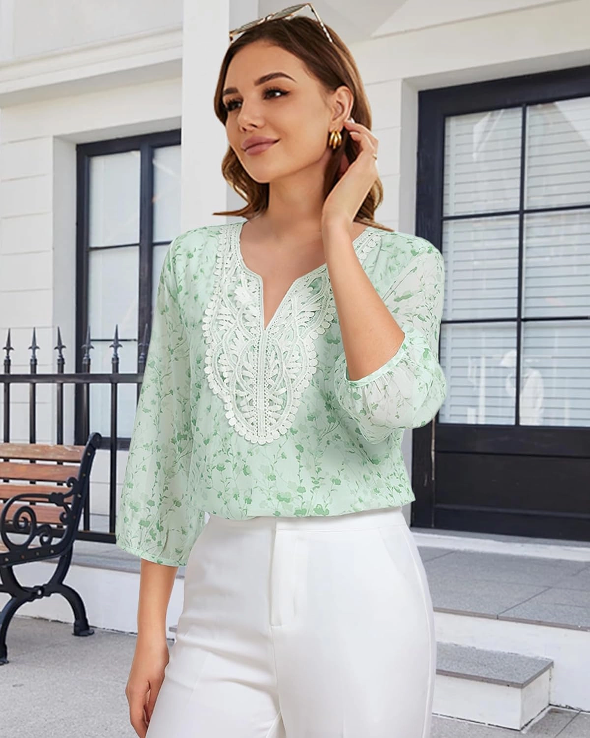 VALOLIA Women's Casual 3/4 Sleeve Chiffon Blouses V Neck Layered Embroidery Tunic Shirts