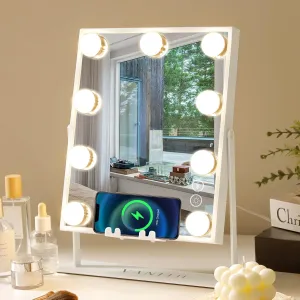 VANITII Vanity Mirror with Lights Hollywood Makeup Mirror with 9 Bulbs Wireless Charger Music Speaker Light Up Mirror for Bedroom, Detachable 10X Magnification, 360°Rotation