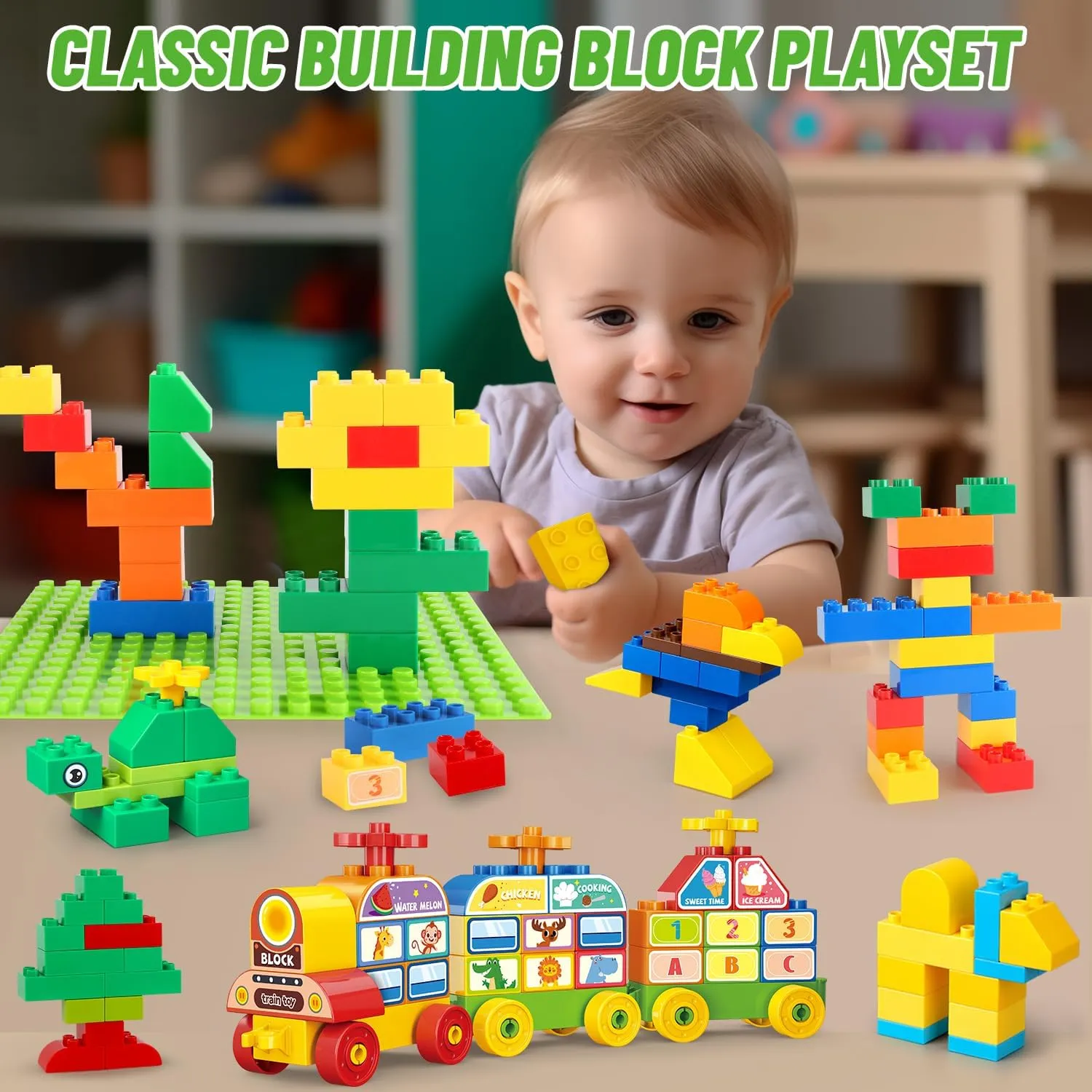 VConejo Building Blocks for Toddlers 2-4 Years, Big Classic Building Bricks with A Baseplate,155 Pieces Large Blocks, Compatible with All Major Brands