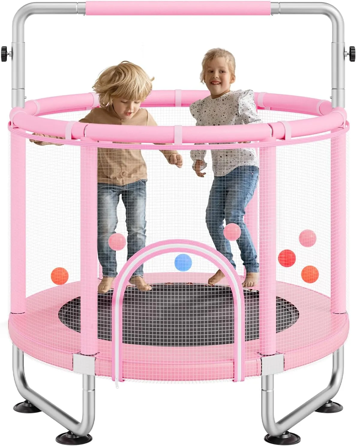 VEVOR 55" Kids Trampoline, 4.6FT Indoor Outdoor Trampoline, Mini Toddler Recreational Trampolinewith Safety Enclosure Net and Basketball Hoop, Birthday Gifts Christmas Toys for 3  Years Children, Pink