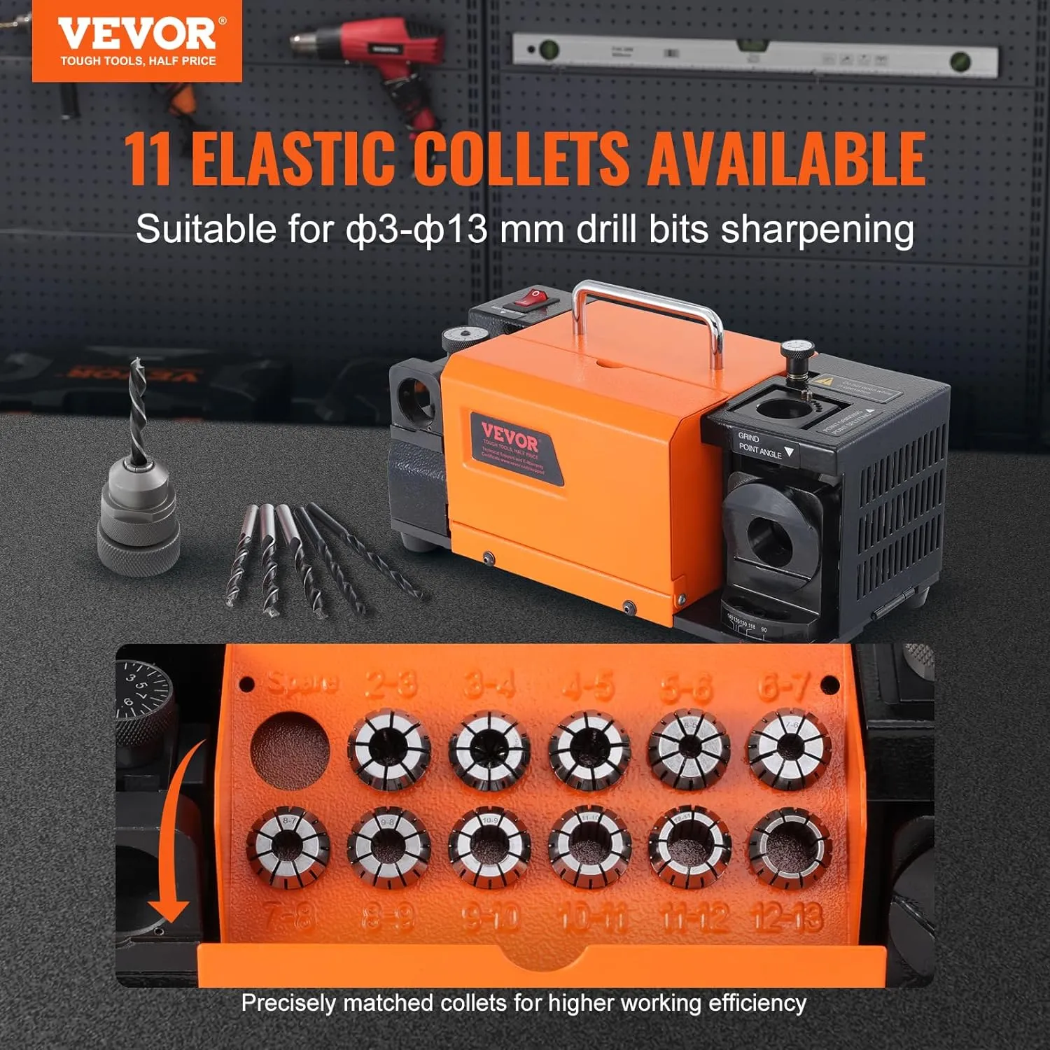VEVOR Drill Bits Sharpener, 3-13mm Drill Bits Grinder Sharpener, Lip Relief Angle & 95°-135° Point Angle Adjustable Drill Bit Re-Sharpener, Portable Sharpening Machine with 11 Collets, CBN & SDC Wheel