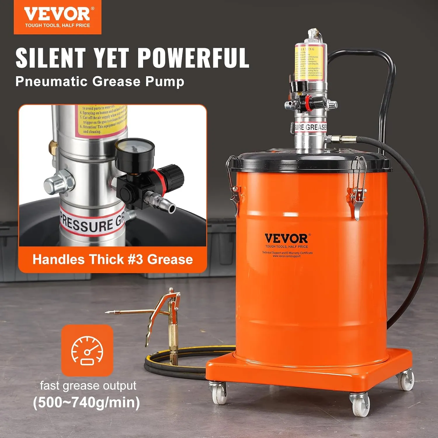 VEVOR Grease Pump, 10.5 Gallon Air Grease Pump with 13 ft High Pressure Hose and Grease Gun, 40L Pneumatic Grease Pump with Wheels, Portable Lubrication Grease Pump