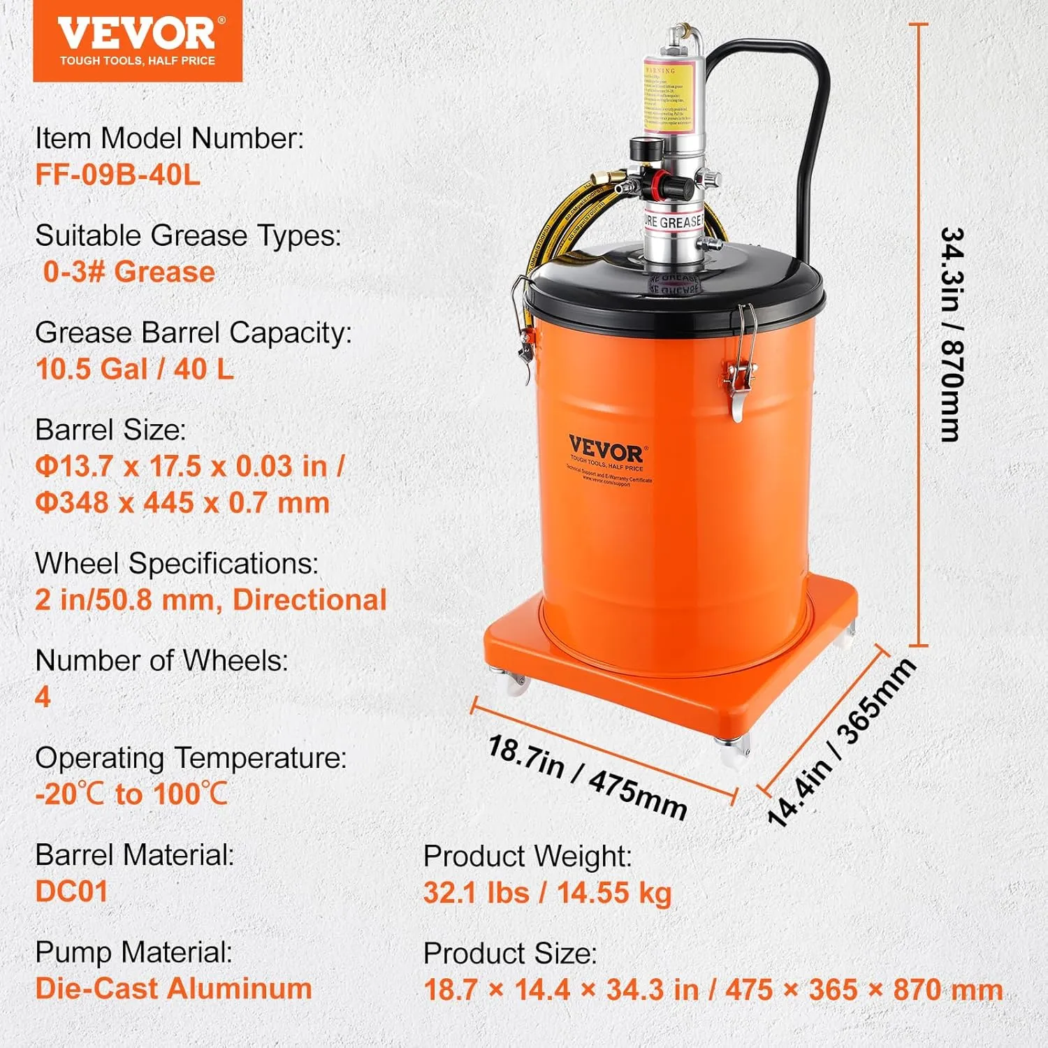VEVOR Grease Pump, 10.5 Gallon Air Grease Pump with 13 ft High Pressure Hose and Grease Gun, 40L Pneumatic Grease Pump with Wheels, Portable Lubrication Grease Pump