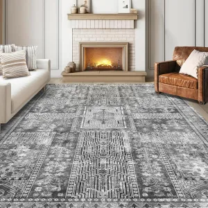 Vintage 8' x 10' Washable Area Rug - Stylish Indoor Rug for Living, Dining or Bedroom - Lightweight Carpet with Non-Slip Backing - Foldable for Easy Placement and Maintenance - Grey