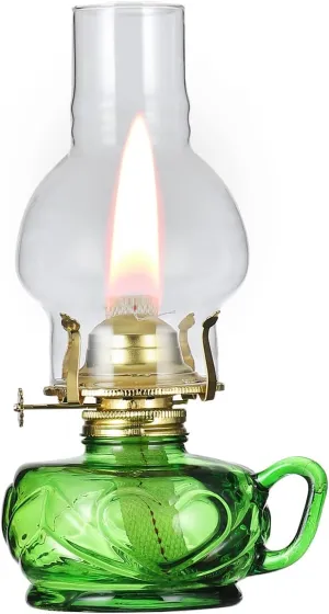 Vintage Green Kerosene Lamp with Handle Color Glass Oil Lamps for Indoor Use Large Indoor Decorative Oil Lamp Hurricane Lamp Lantern for Tabletop Decor Emergency Lighting