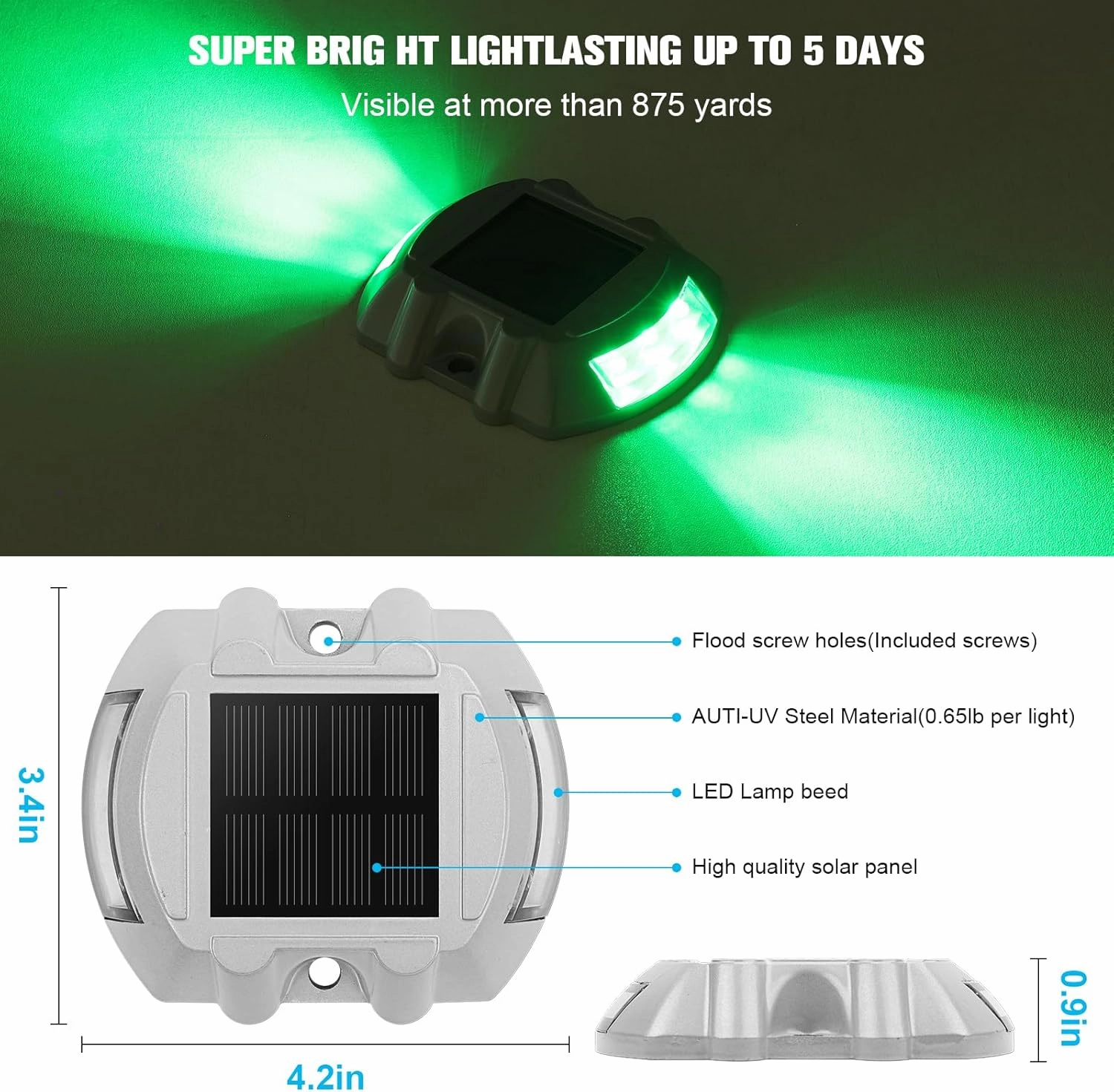 VOLISUN Christmas Solar Deck Lights Driveway Dock Lights, 4-Pack Led IP67 Waterproof Outdoor Warning Step Lights for Driveway Sidewalk Garden Pathway Yard(Green)