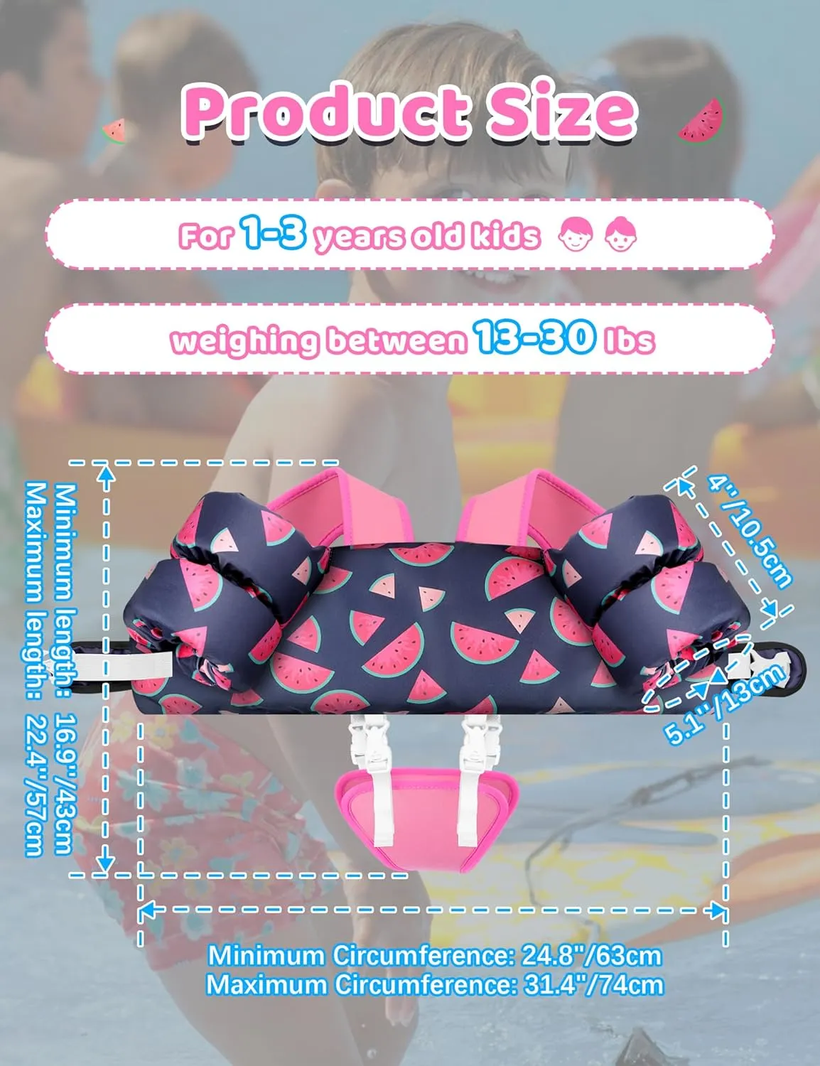 Vvinca Toddler Swim Vest for Kids 13-30lbs Boys Girls Puddle Kids Jumper Toddlers Pool Floaties Jacket with Adjustable Crotch Strap Sleeves Shoulder for 1 2 3 Years Old Baby Infant Learn to Swimming