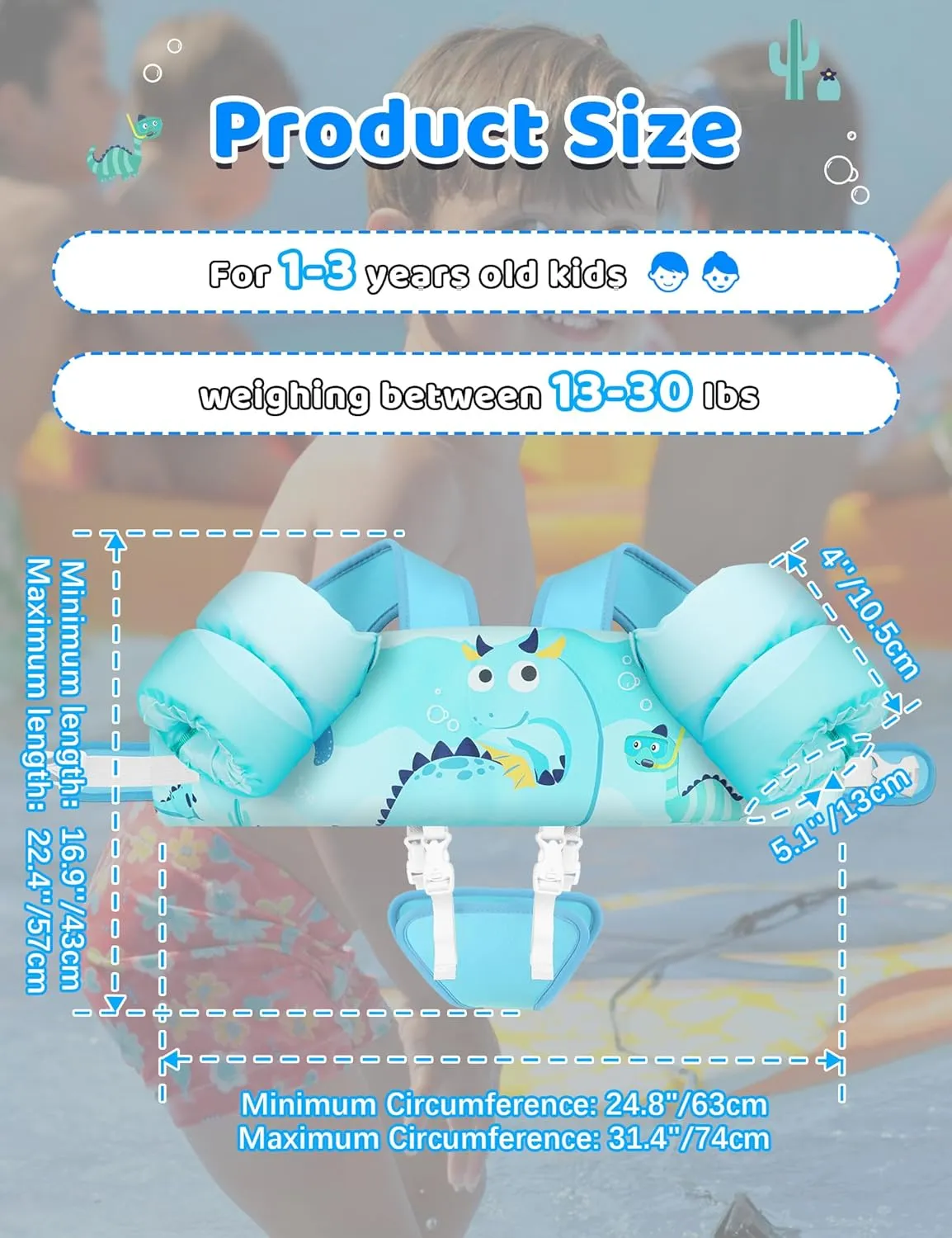 Vvinca Toddler Swim Vest for Kids 13-30lbs Boys Girls Puddle Kids Jumper Toddlers Pool Floaties Jacket with Adjustable Crotch Strap Sleeves Shoulder for 1 2 3 Years Old Baby Infant Learn to Swimming