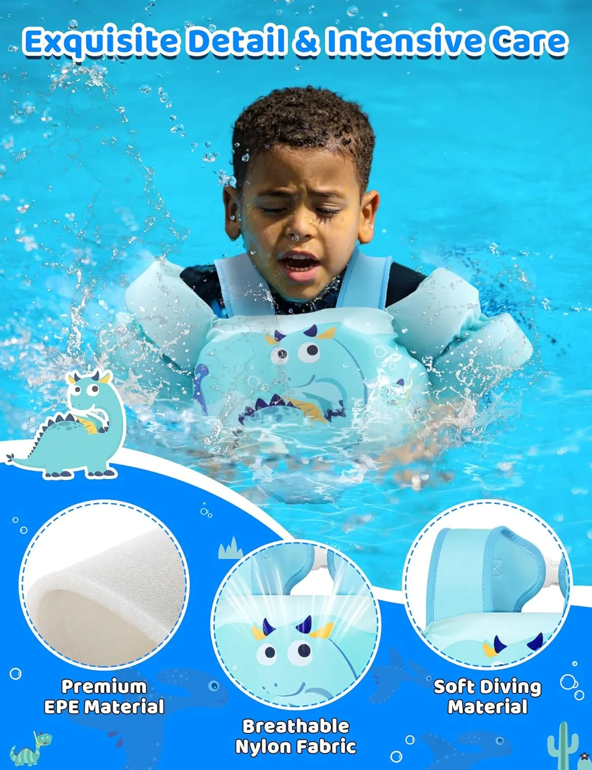 Vvinca Toddler Swim Vest for Kids 13-30lbs Boys Girls Puddle Kids Jumper Toddlers Pool Floaties Jacket with Adjustable Crotch Strap Sleeves Shoulder for 1 2 3 Years Old Baby Infant Learn to Swimming