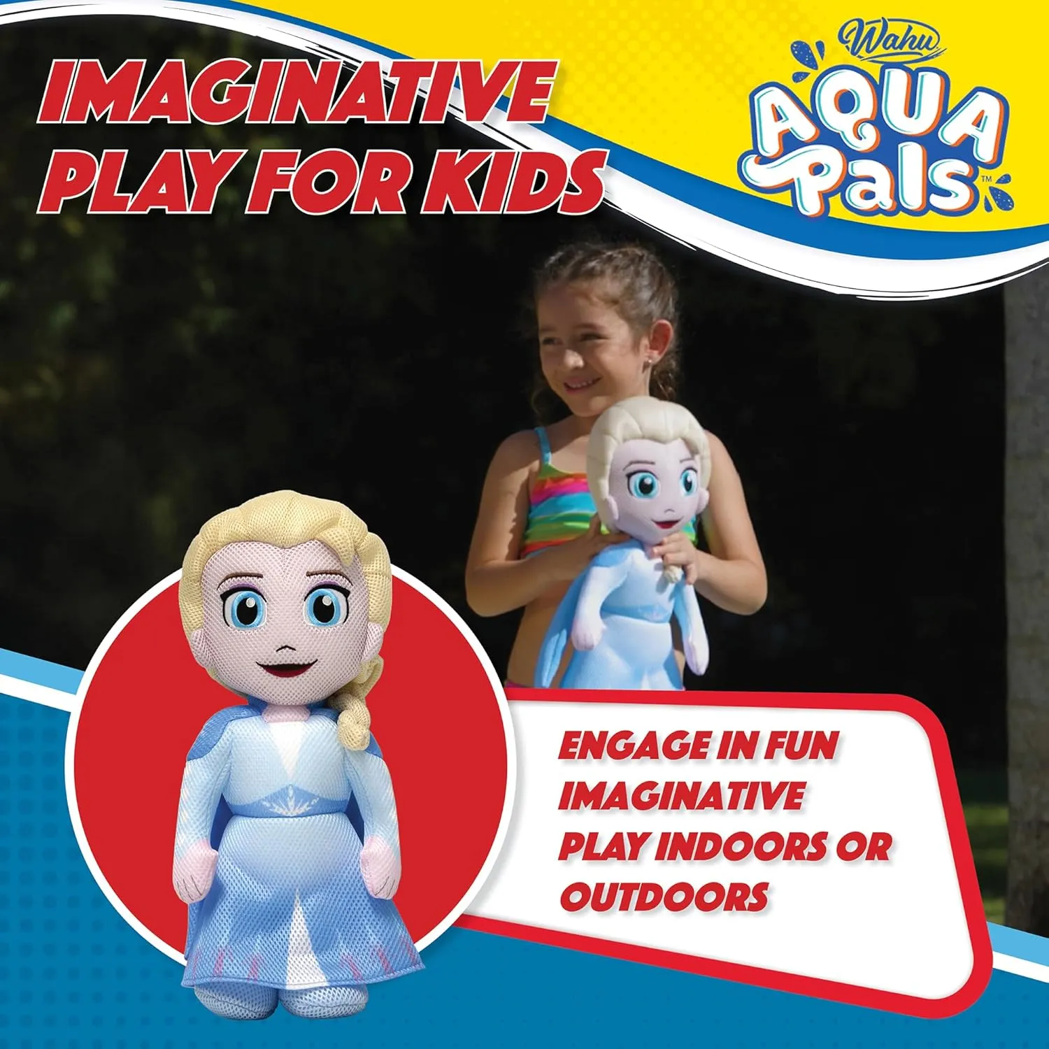 Wahu Aqua Pals Disney Classic Elsa Plush Water Toy for Kids Ages 2 , Fast-Drying Waterproof Plush Doll Toy for Pool and Bathtub, Medium, Blue/White, 16"