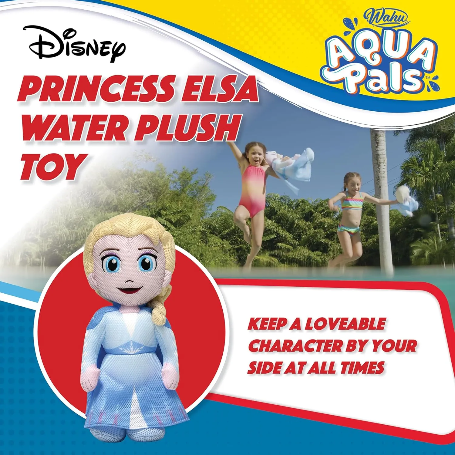 Wahu Aqua Pals Disney Classic Elsa Plush Water Toy for Kids Ages 2 , Fast-Drying Waterproof Plush Doll Toy for Pool and Bathtub, Medium, Blue/White, 16"