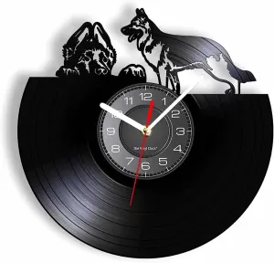 Wall Clock Wall Clocks Silent Non- Dog Vinyl Record Wall Clock, Unique Germany Shepherd Dog Puppy Modern Silent Non Ticking Wall Clock Watch Battery Operated for Pet Lovers Decor