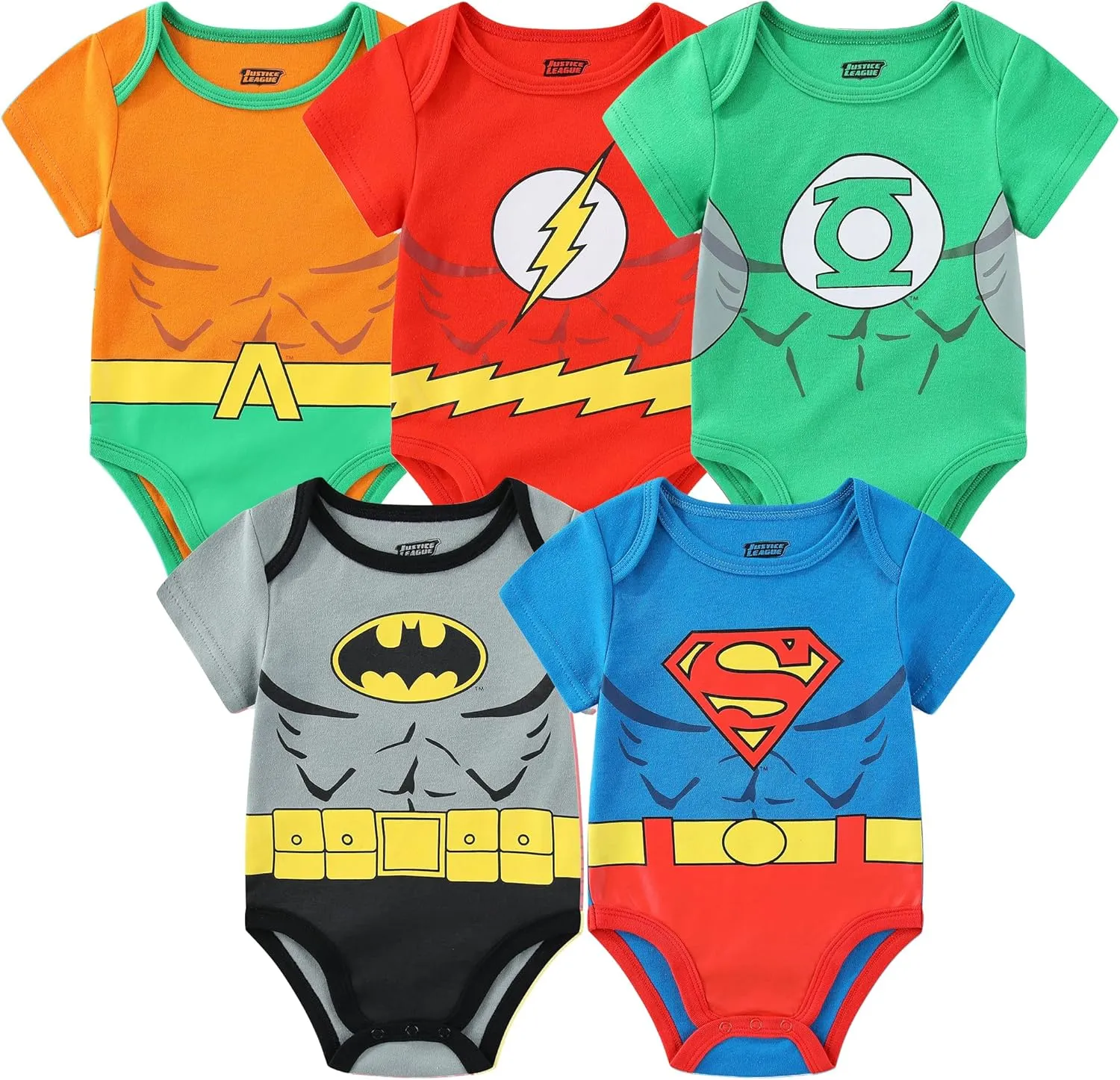 WARNER BROS Justice League Batman, Superman, Flash, Aquaman and Green Lantern Baby Boys 5 Pack Creepers for Infants