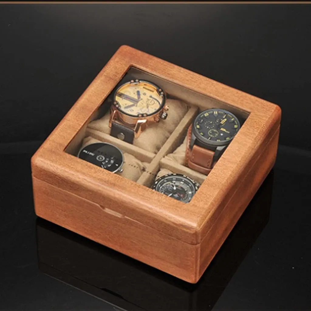 Watch Box Watch Case Watch Display Wooden Watch Box With Transparent Glass Top Cover, 4-digit Storage Watch Box,Jewelry Storage Box Watch Organizer For Men(A)