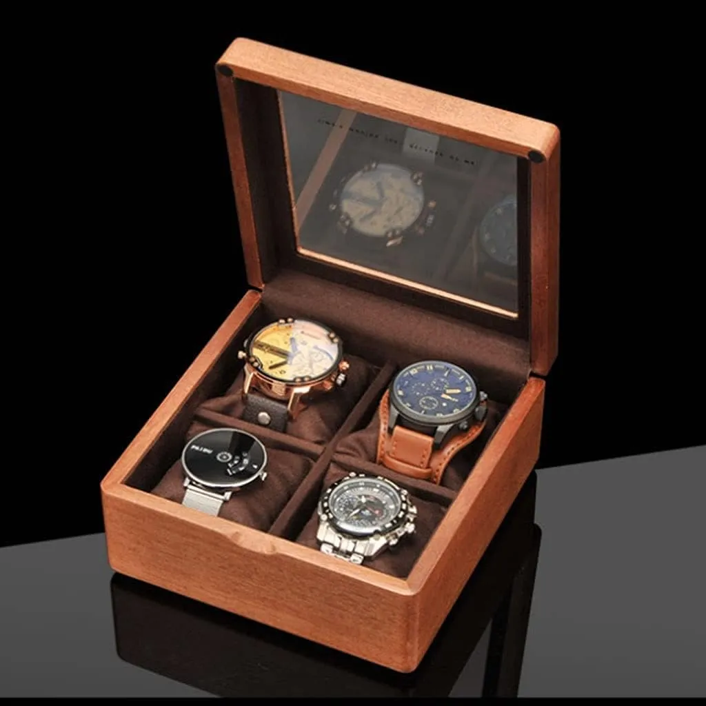 Watch Box Watch Case Watch Display Wooden Watch Box With Transparent Glass Top Cover, 4-digit Storage Watch Box,Jewelry Storage Box Watch Organizer For Men(B)