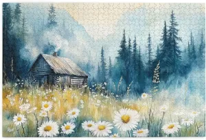 Watercolor Alpine Retreat Puzzles For Adults 1000 Pieces,Cozy Timber House With Flower-Filled Meadow Against Misty Mountains,Stunning Artwork,Creative Activity Hobbies For Adult
